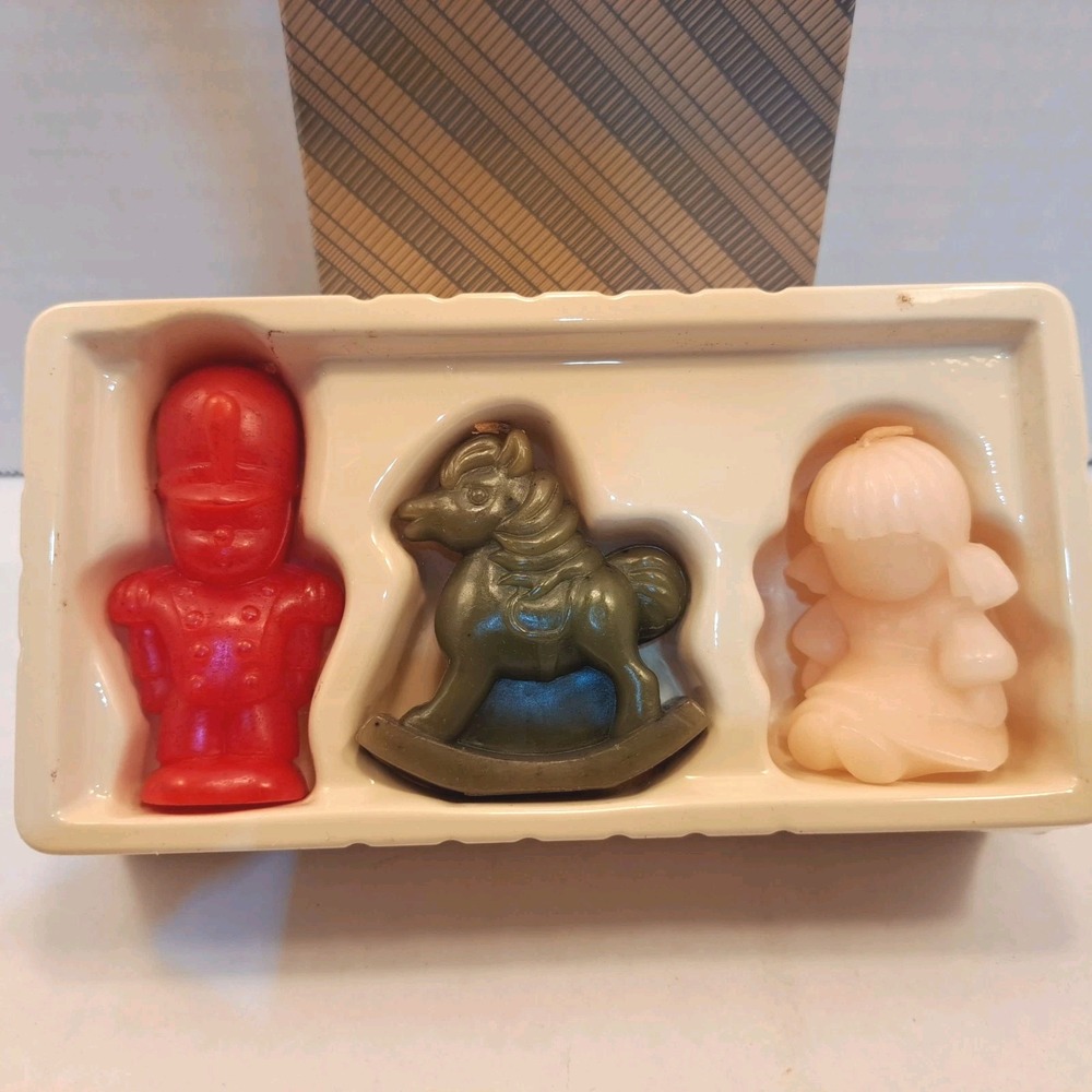 Vintage Avon Boxed Christmas Fun Candle Set Toy Soldier Hobby Horse Doll Angel